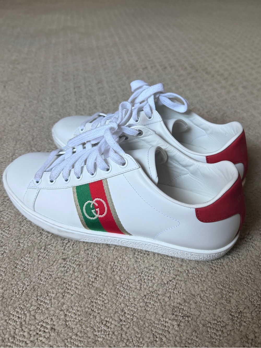 Gucci women White Leather Sneakers with Red Heel Patch